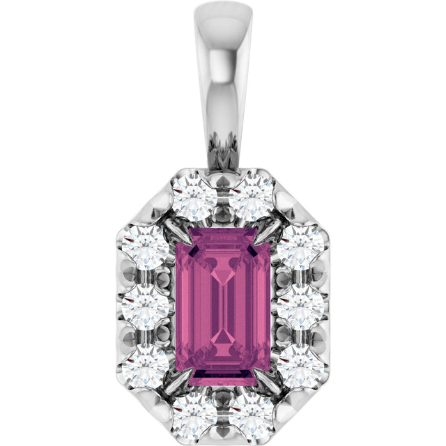 Platinum Emerald Natural Pink Tourmaline Halo-Style Necklace or Pendant
