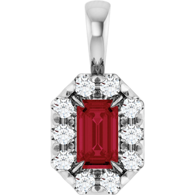 14K Gold Emerald Lab-Grown Ruby Halo-Style Necklace or Pendant - White Gold