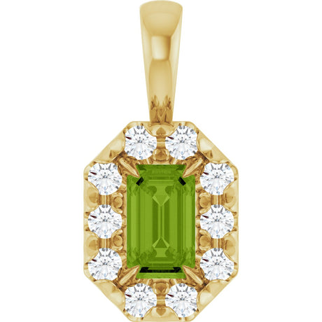 14K Gold Emerald Natural Peridot Halo-Style Necklace or Pendant - Yellow Gold