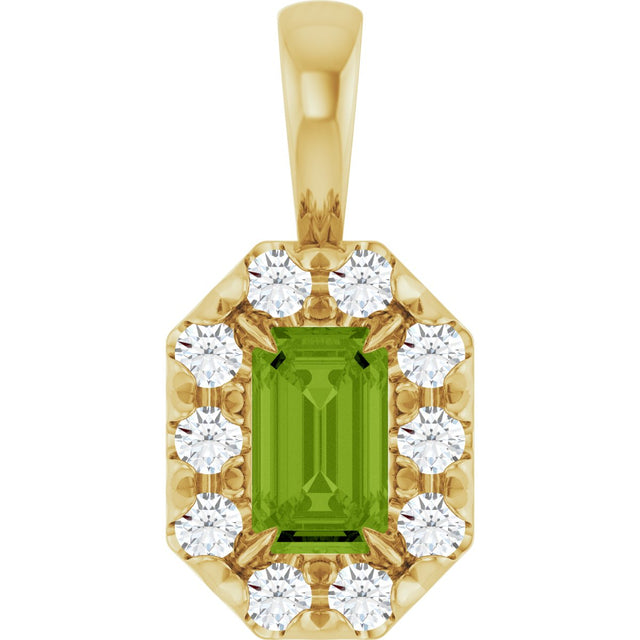 14K Gold Emerald Natural Peridot Halo-Style Necklace or Pendant - Yellow Gold