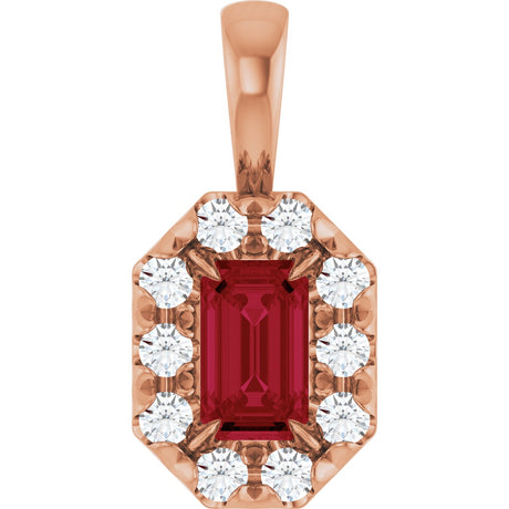 14K Gold Emerald Lab-Grown Ruby Halo-Style Necklace or Pendant - Rose Gold