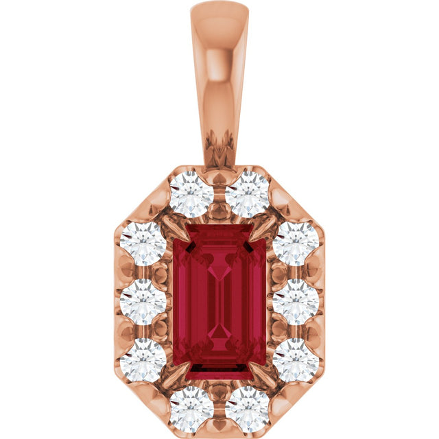 14K Gold Emerald Lab-Grown Ruby Halo-Style Necklace or Pendant - Rose Gold