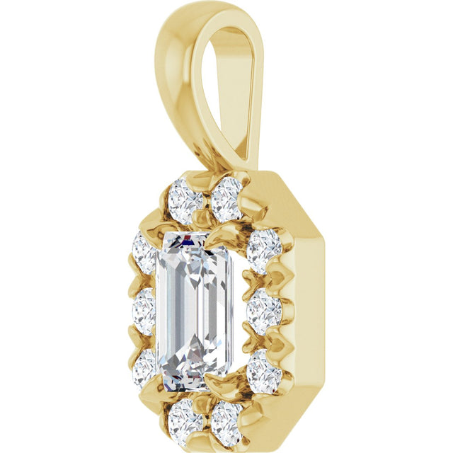 14K Gold Emerald Natural White Sapphire Halo-Style Necklace or Pendant - Yellow Gold - view 2