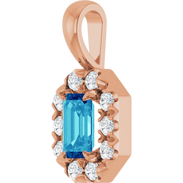 14K Gold Emerald Natural Blue Zircon Halo-Style Necklace or Pendant - Rose Gold - view 2
