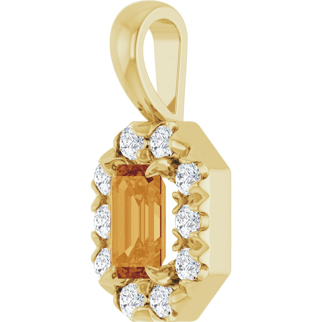 14K Gold Emerald Natural Citrine Halo-Style Necklace or Pendant - Yellow Gold - view 2