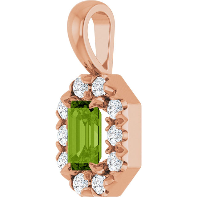 14K Gold Emerald Natural Peridot Halo-Style Necklace or Pendant - Rose Gold - view 2