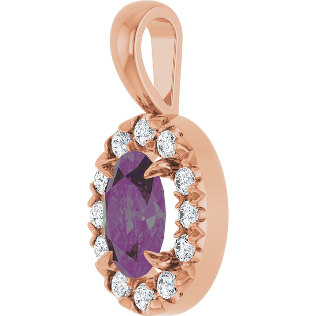 14K Gold Emerald Lab-Grown Alexandrite Halo-Style Necklace or Pendant - Rose Gold - view 2