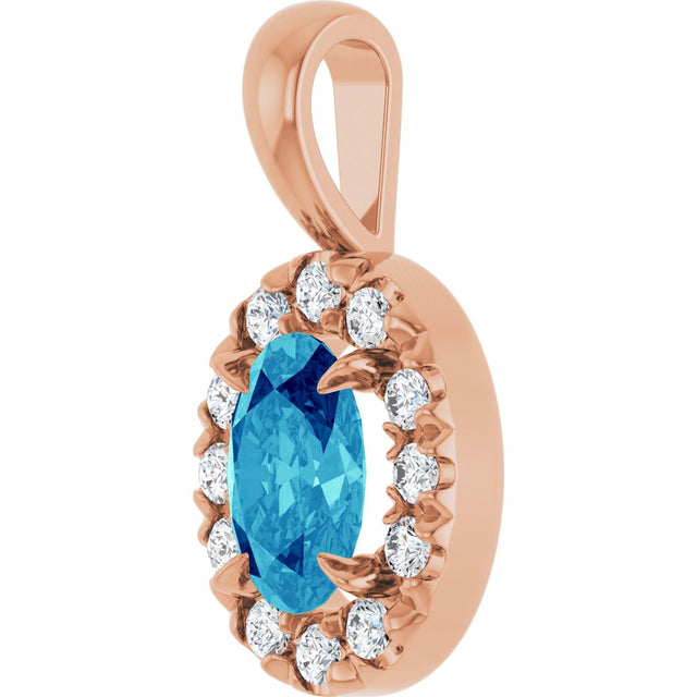 14K Gold Emerald Natural Blue Zircon Halo-Style Necklace or Pendant - Rose Gold - view 2