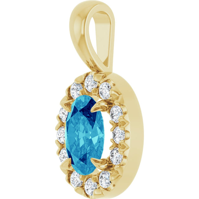 14K Gold Emerald Natural Blue Zircon Halo-Style Necklace or Pendant - Yellow Gold - view 2