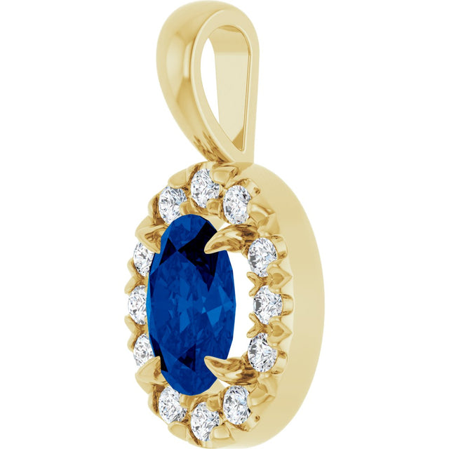 14K Gold Emerald Lab-Grown Blue Sapphire Halo-Style Necklace or Pendant - Yellow Gold - view 2
