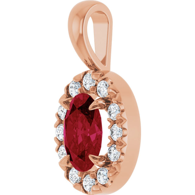 14K Gold Emerald Lab-Grown Ruby Halo-Style Necklace or Pendant - Rose Gold - view 2