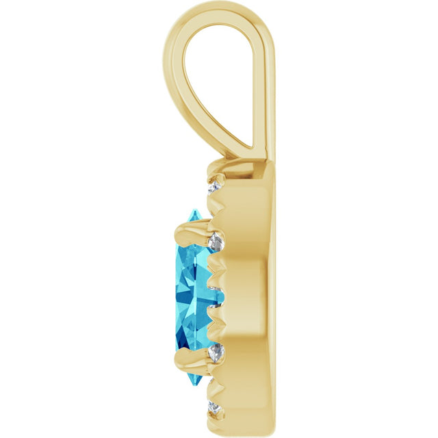 14K Gold Emerald Natural Blue Zircon Halo-Style Necklace or Pendant - Yellow Gold - view 3