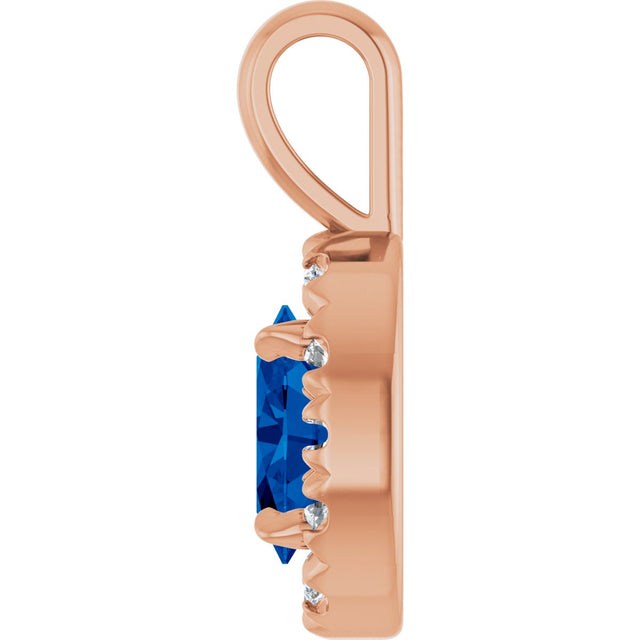 14K Gold Emerald Lab-Grown Blue Sapphire Halo-Style Necklace or Pendant - Rose Gold - view 3