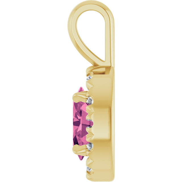14K Gold Emerald Natural Pink Tourmaline Halo-Style Necklace or Pendant - Yellow Gold - view 3