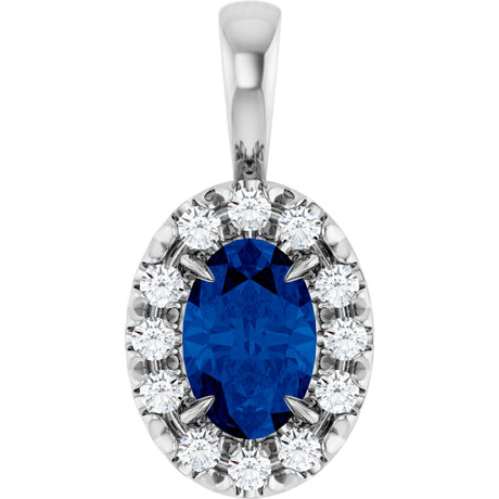 Platinum Emerald Lab-Grown Blue Sapphire Halo-Style Necklace or Pendant
