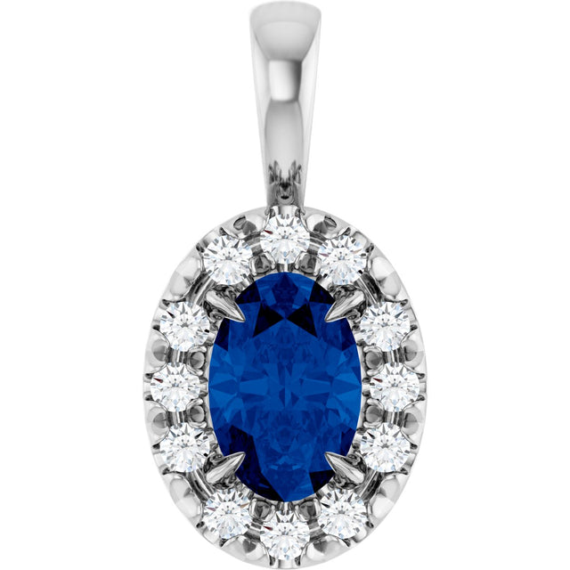 14K Gold Emerald Natural Blue Sapphire Halo-Style Necklace or Pendant - White Gold