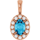 14K Gold Emerald Natural Aquamarine Halo-Style Necklace or Pendant - Rose Gold
