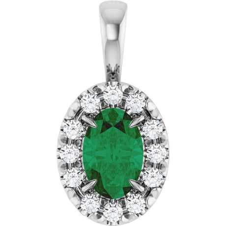 14K Gold Emerald Lab-Grown Emerald Halo-Style Necklace or Pendant - White Gold