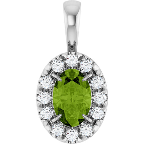 14K Gold Emerald Natural Peridot Halo-Style Necklace or Pendant - White Gold