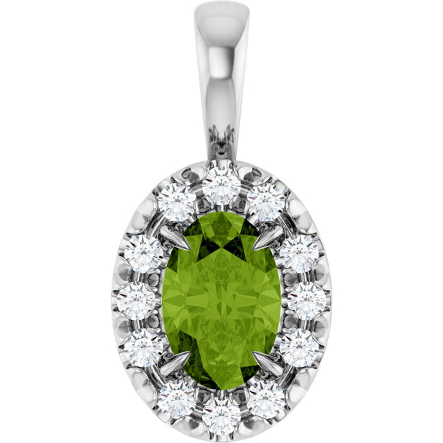 14K Gold Emerald Natural Peridot Halo-Style Necklace or Pendant - White Gold