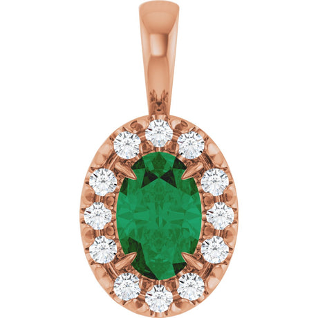 14K Gold Emerald Lab-Grown Emerald Halo-Style Necklace or Pendant - Rose Gold