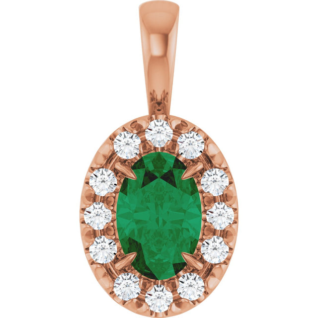 14K Gold Emerald Natural Emerald Halo-Style Necklace or Pendant - Rose Gold