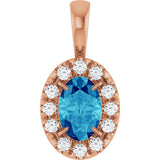 14K Gold Emerald Natural Blue Zircon Halo-Style Necklace or Pendant - Rose Gold
