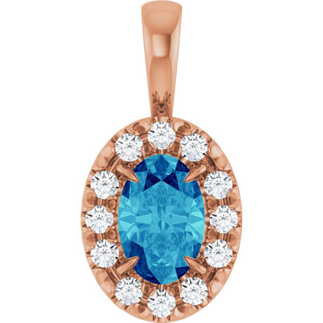 14K Gold Emerald Natural Blue Zircon Halo-Style Necklace or Pendant - Rose Gold