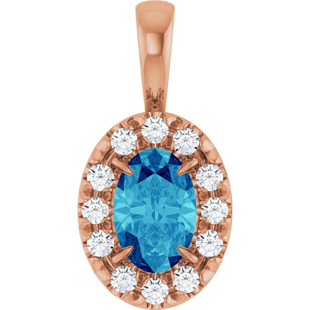 14K Gold Emerald Natural Blue Zircon Halo-Style Necklace or Pendant - Rose Gold