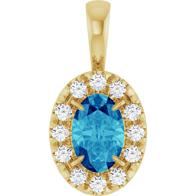 14K Gold Emerald Natural Blue Zircon Halo-Style Necklace or Pendant - Yellow Gold