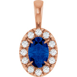 14K Gold Emerald Natural Blue Sapphire Halo-Style Necklace or Pendant - Rose Gold