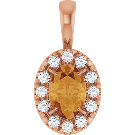 14K Gold Emerald Natural Citrine Halo-Style Necklace or Pendant - Rose Gold