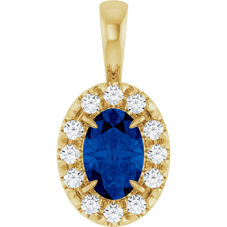 14K Gold Emerald Lab-Grown Blue Sapphire Halo-Style Necklace or Pendant - Yellow Gold