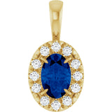 14K Gold Emerald Natural Blue Sapphire Halo-Style Necklace or Pendant - Yellow Gold