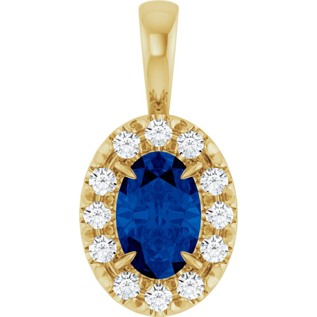 14K Gold Emerald Natural Blue Sapphire Halo-Style Necklace or Pendant - Yellow Gold