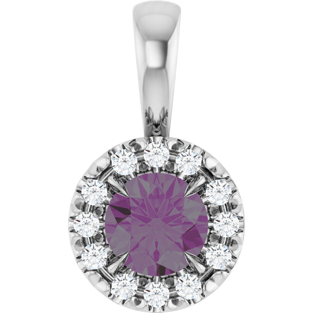 14K Gold Emerald Lab-Grown Alexandrite Halo-Style Necklace or Pendant - White Gold