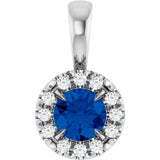 14K Gold Emerald Lab-Grown Blue Sapphire Halo-Style Necklace or Pendant - White Gold