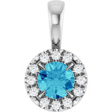 14K Gold Emerald Natural Blue Zircon Halo-Style Necklace or Pendant - White Gold