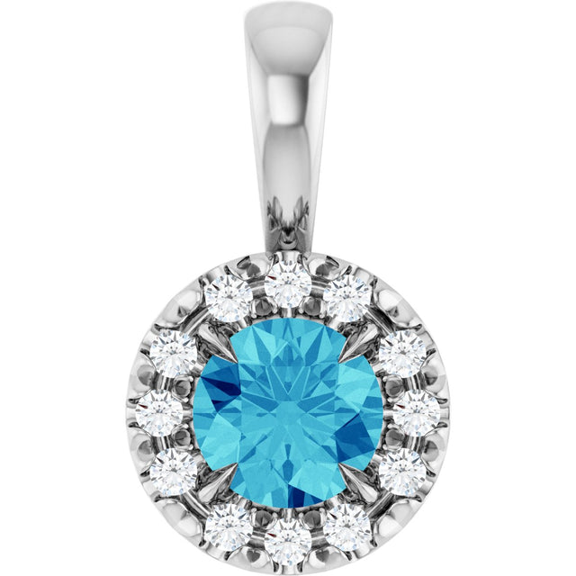 14K Gold Emerald Natural Blue Zircon Halo-Style Necklace or Pendant - White Gold