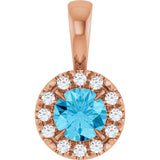 14K Gold Emerald Natural Aquamarine Halo-Style Necklace or Pendant - Rose Gold