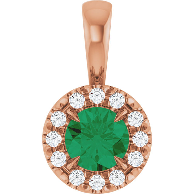 14K Gold Emerald Lab-Grown Emerald Halo-Style Necklace or Pendant - Rose Gold