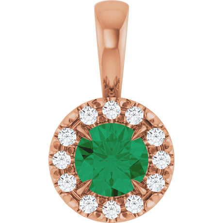 14K Gold Emerald Natural Emerald Halo-Style Necklace or Pendant - Rose Gold