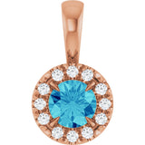 14K Gold Emerald Natural Blue Zircon Halo-Style Necklace or Pendant - Rose Gold