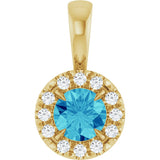 14K Gold Emerald Natural Blue Zircon Halo-Style Necklace or Pendant - Yellow Gold
