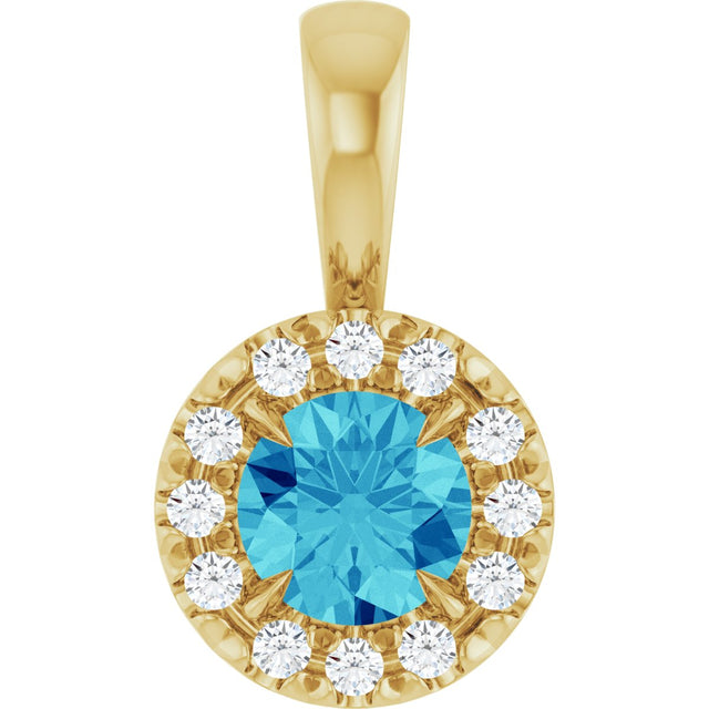 14K Gold Emerald Natural Blue Zircon Halo-Style Necklace or Pendant - Yellow Gold