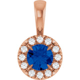 14K Gold Emerald Natural Blue Sapphire Halo-Style Necklace or Pendant - Rose Gold