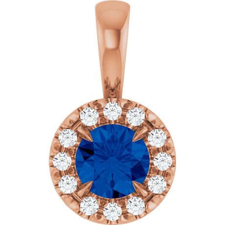 14K Gold Emerald Lab-Grown Blue Sapphire Halo-Style Necklace or Pendant - Rose Gold