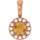 14K Gold Emerald Natural Citrine Halo-Style Necklace or Pendant - Rose Gold