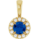 14K Gold Emerald Lab-Grown Blue Sapphire Halo-Style Necklace or Pendant - Yellow Gold