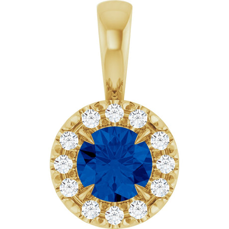14K Gold Emerald Natural Blue Sapphire Halo-Style Necklace or Pendant - Yellow Gold